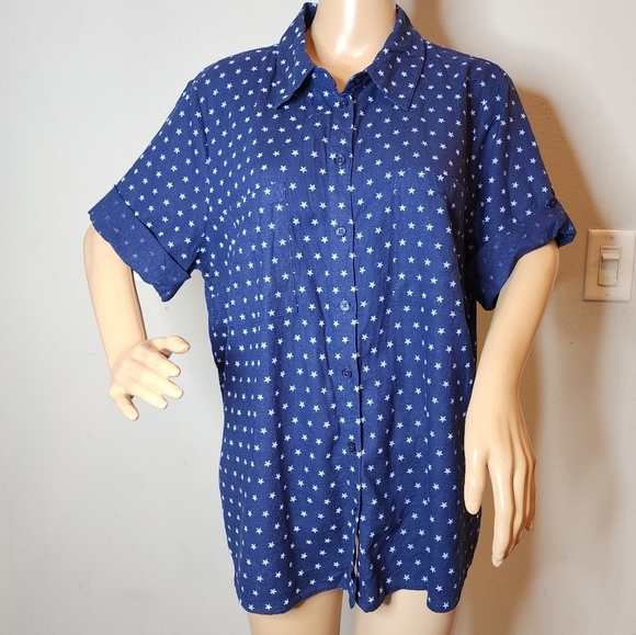 Joan Rivers Linen Star Print Blue White Short Sleee Button Shirt Women's Size L - Picture 4 of 16